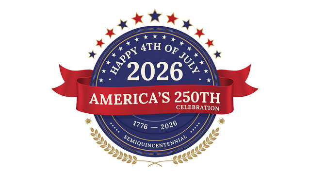 America's 250th celebration logo happy 4th of july 2026 semiquincentennial emblem with banner.