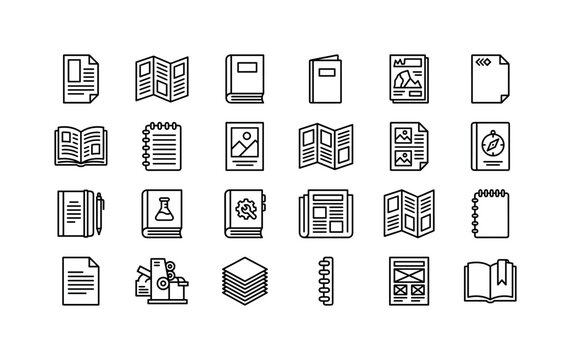 Print Brochure Media. Line icon set of brochure and print shop icons: flyer, leaflet, catalogue, booklet, magazine, letterhead, open book, notebook, poster, pamphlet, handout, guidebook, journal,