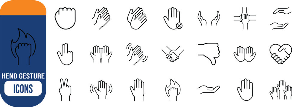 Hand gesture and action vector icons. hands icon set, handshake icon set, finger icon set