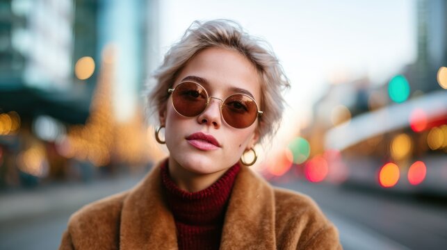 A fashionable woman with chic round sunglasses stands confidently outdoors, radiating style and charisma amidst a bustling city backdrop, perfect for a trendy lifestyle image.