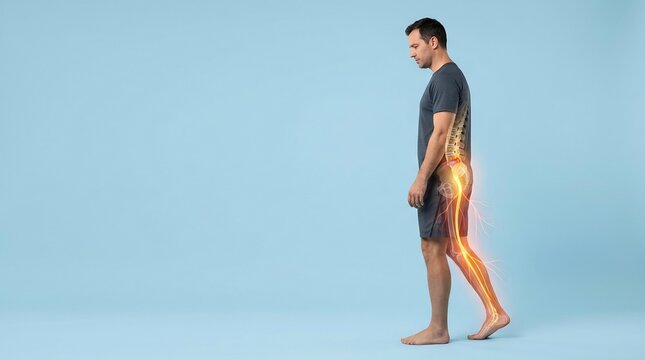 Adult man standing in profile with glowing lower back and leg pain medical visualization