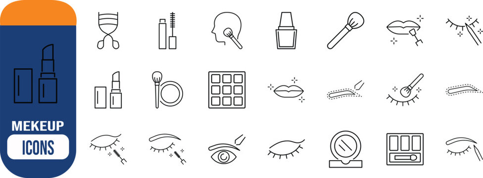 Makeup and beauty line art icons. mascara icon set, lipstick icon set, eyelashes icon set