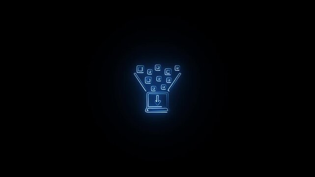 Neon blue outline of data funneling into a laptop with download arrow computer
