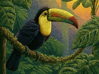 Fototapeta premium Colorful Toucan Perch in Lush Jungle Embroidery Texture Artwork