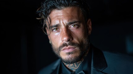 Fototapeta premium The captivating portrait of a man in a tuxedo highlights his intense gaze and rugged features, creating a striking contrast against a dark backdrop that exudes sophistication.
