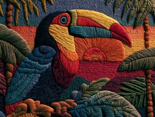Obraz premium Abstract Embroidered Toucan in Tropical Sunset Landscape Art Design Concept