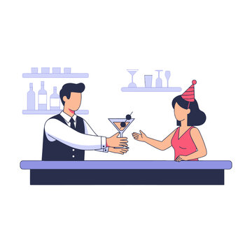 A professional bartender serves a cocktail to a guest at a festive bar counter