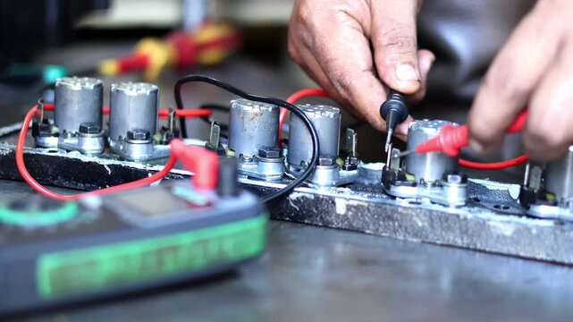 Close up of mechanic hands using a digital multimeter to test electrical resistance of automatic transmission control solenoids on a workbench in an auto repair workshop.