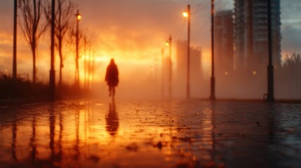 Fototapeta premium A silhouette of a person walking in mist during a vibrant sunset highlights the tranquil beauty of the moment, showcasing the interplay of light, fog, and reflections.