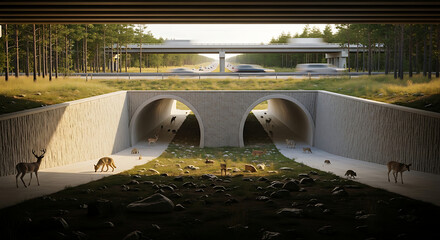 Fototapeta premium Wildlife crossing under a highway with various animals passing through a tunnel in a forest landscape