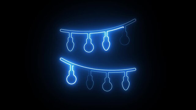 Two rows of neon blue outline light bulbs on strings string lights illumination