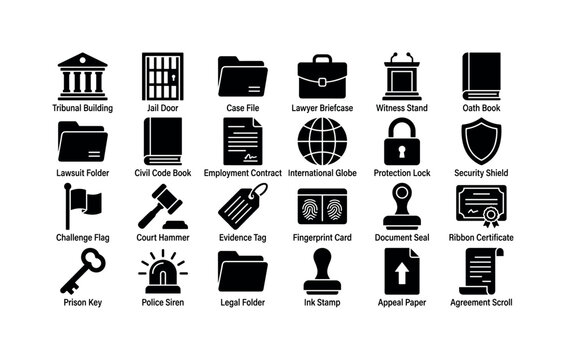 Legal Authority Icons. Solid glyph icon set of legal system symbols: tribunal building, jail door, case file, lawyer briefcase, witness stand, oath book, lawsuit folder, civil code book, employment