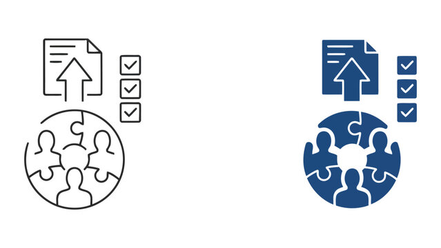 Team puzzle solution with document upload icon and checklist for collaborative project management and business task completion vector graphic