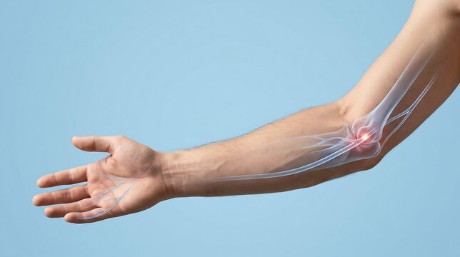 Human arm anatomy showing nerve pathway with inflammation and pain at the elbow joint medical illustration