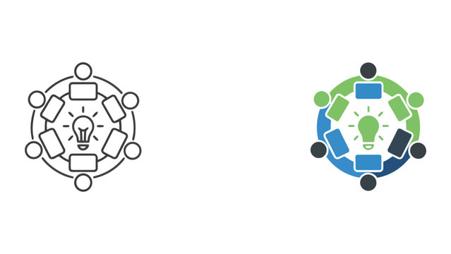Creative brainstorming team meeting icon set with lightbulb central idea symbol for innovative project development and collaborative group problem solving