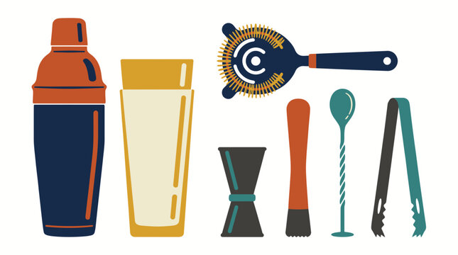 Set of flat vector cocktail bar tools for professional mixology isolated