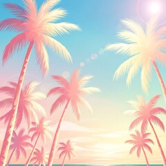 Obraz premium Vibrant illustration of palm trees bathed in colorful sunlight against a bright sky
