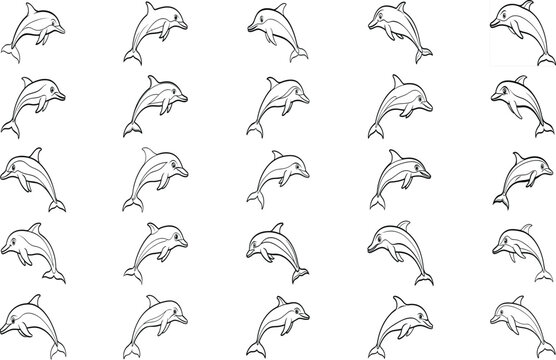 Print a silhouette dolphin black and white logo vector clip art, Dolphin Silhouette Bundle Set in Various Poses, Dolphin in a jump Silhouette, Jumping dolphins, dolfin silhouette vector art illustrati