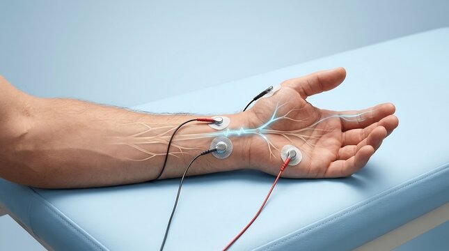 Close-up of human arm and hand undergoing nerve conduction diagnostic testing with electrodes and digital nerve visualization