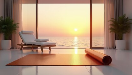 Fototapeta premium Orange yoga mat on shiny floor near large window with ocean sunset view. White lounger with cushion waits for relaxation or yoga session. Two green plants in pots frame the serene scene.