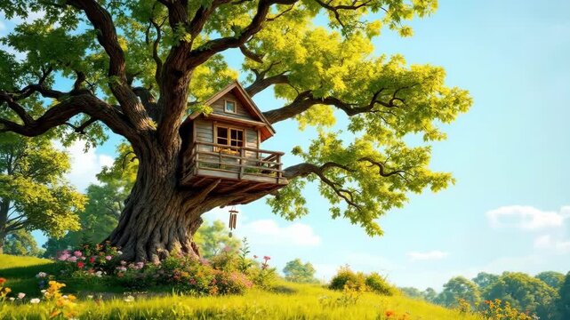 Charming treehouse in lush green tree with vibrant flowers and sunny sky