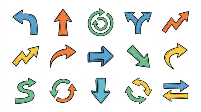Collection of Hand Drawn Arrows in Various Directions and Styles.