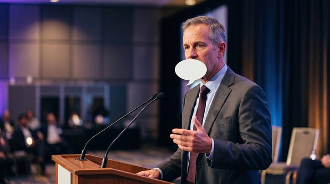 Public speaker with censored speech bubble media restriction concept