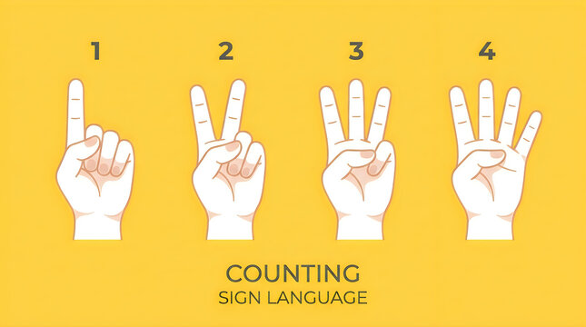 Hands showing numbers one to four in sign language on yellow