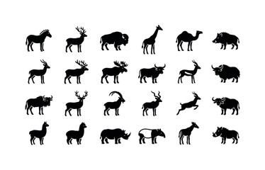 Obraz premium Safari Wildlife Glyphs. Solid glyph icon set of wildlife mammals and hoofed animals: zebra, deer, bison, giraffe, camel, wild boar, antelope, elk, moose, ox, gazelle, yak, wildebeest, stag, ibex,