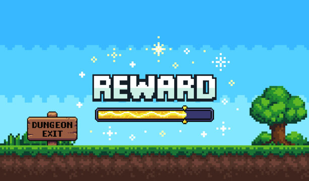 Pixel art game reward screen with progress bar and dungeon exit sign. Game design concept in retro style. Vector illustration