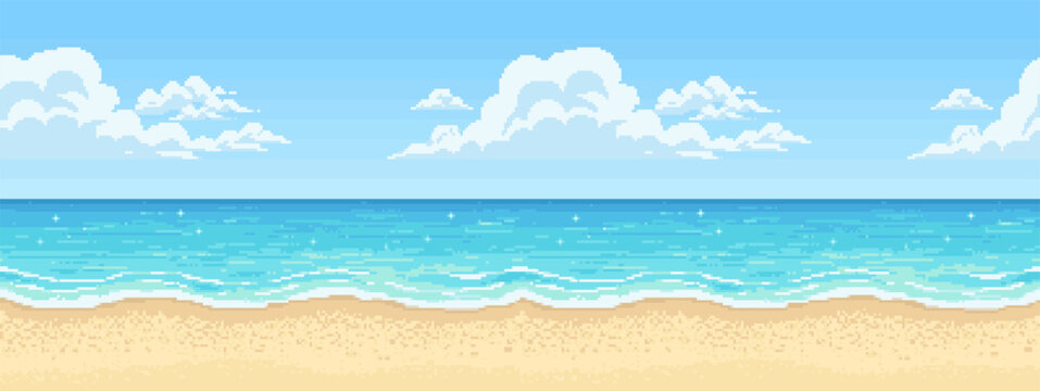 Seamless Pixel Art Tropical Beach Ocean Panorama Vector Background
