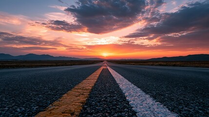 Obraz premium A serene and peaceful road stretches out into the distance at sunset with mountains in the background