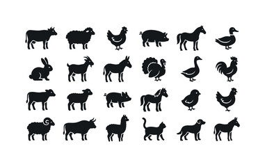 Obraz premium Farm Animal Glyphs. Solid glyph icon set of farm animal subjects: cow, sheep, chicken, pig, horse, duck, rabbit, goat, donkey, turkey, goose, rooster, calf, lamb, piglet, pony, chick, hen, ram, bull,