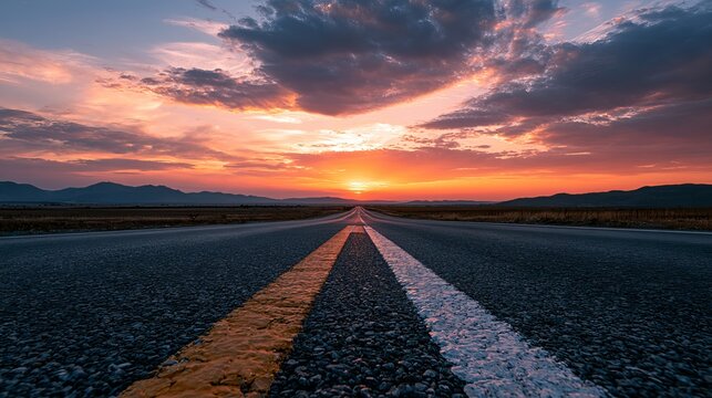 A serene and peaceful road stretches out into the distance at sunset with mountains in the background