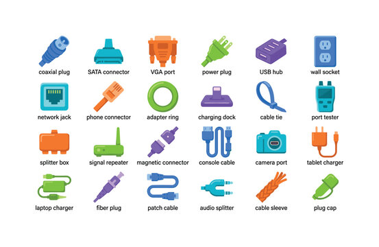 Cable Hardware Collection ? coaxial plug, sata cable, vga socket, power plug, usb hub, wall socket, network jack, phone connector, adapter ring, charging dock, cable tie, port tester, splitter box,
