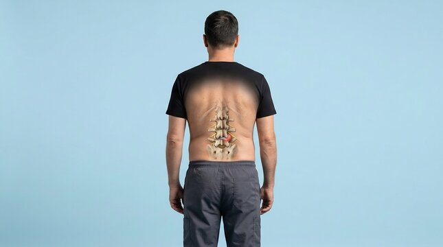 Medical illustration of a herniated disc in the lower back of an adult man showing nerve compression
