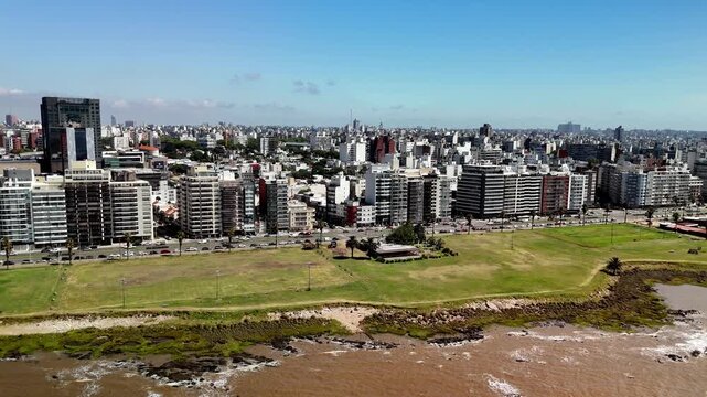 Aerial drone approach to Punta Carretas waterfront and apartment buildings, Montevideo, Uruguay
