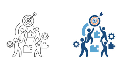 Fototapeta premium Business team hitting target with puzzle project alignment icon set showing goal achievement and collaborative effort for corporate sales strategy and effective team management and growth planning