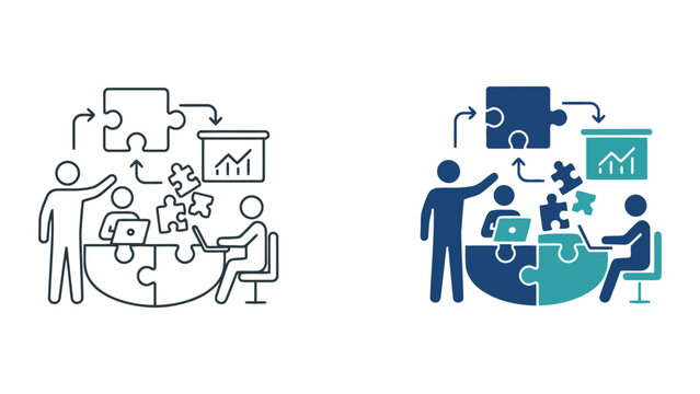 Business team puzzle brainstorming and strategic planning icon vector illustration showing coworkers working on project pieces with data charts for collaborative problem solving and management success