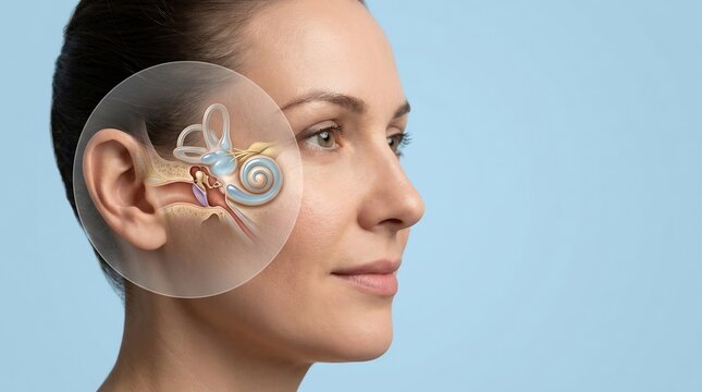 Medical illustration of human ear anatomy showing inner and outer ear structures on a woman's profile