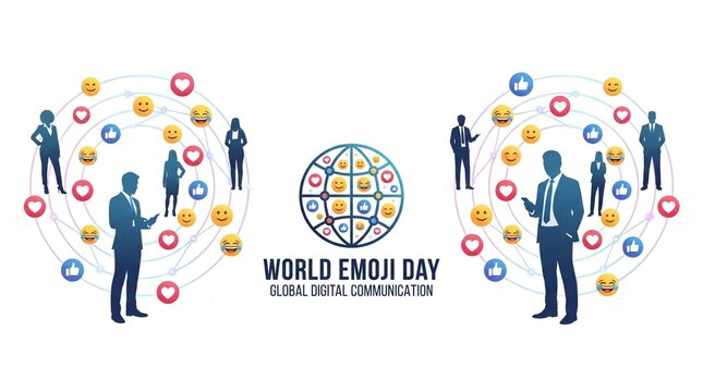 World Emoji Day concept with business people silhouettes, global digital communication network, social media icons and emoticons on white background