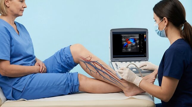 Medical professional performing a lower leg ultrasound examination on a patient with a vascular system overlay
