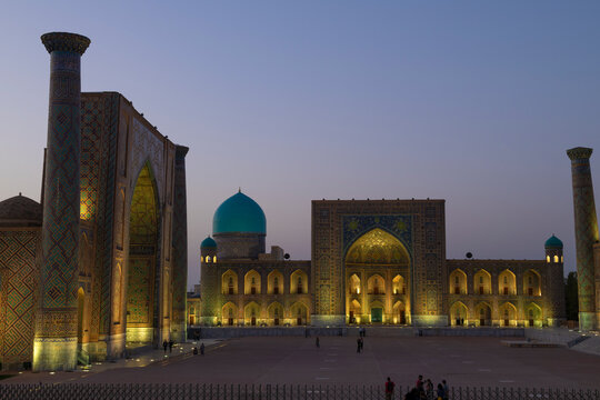 The ancient Tillya-Kari Madrasah on Registan Square in the late evening. Samarkand, Uzbekistan