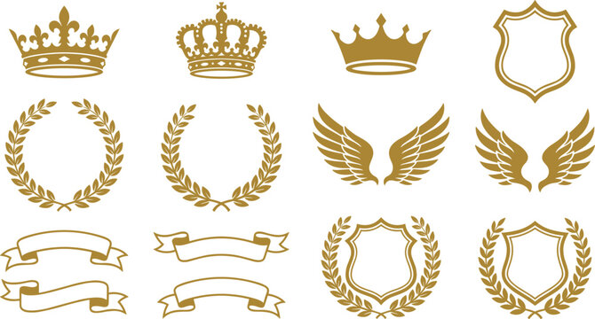 Golden Heraldic Vector Element Set with Luxury Crowns Laurel Wreaths Shields Wings and Ribbons for Premium Branding Design Logos