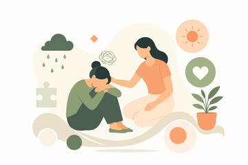 Obraz premium Burnout prevention and recovery support program, restoration and resilience concept, flat illustration