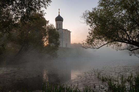 Morning landscape with the medieval Church of the Intercession of the Blessed Virgin Mary on the Nerl. Vladimir region, Russia