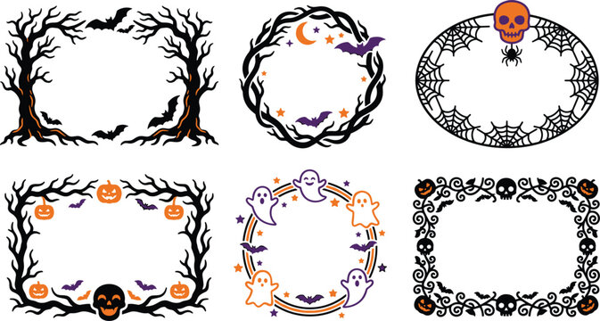 Halloween Spooky Frame and Border Vector Collection with Pumpkins Ghosts Skulls Bats and Spiderwebs for Holiday Designs