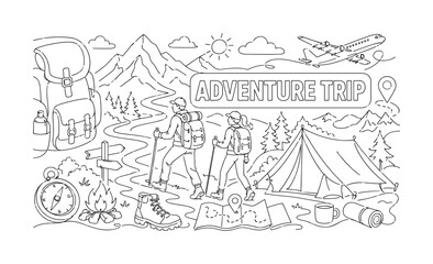 Obraz premium Adventure Travel Journey. Clean one-line drawing banner composition showing oversized mountain path and camping tent spanning all canvas edges, 2 travelers hiking through journey route and adventure