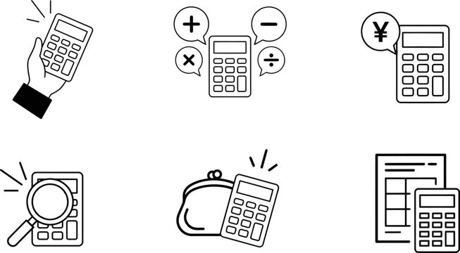 Calculator Icons Set: A collection of clean, minimalist line art icons representing various financial and mathematical concepts, including a hand holding a calculator, basic arithmetic operations.
