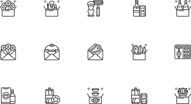 Commercial Cleaning Services and Janitorial Supplies Line Art Icon Set Featuring Cleaning Caddies, Mops, Detergent Bottles, and Service Booking Envelopes for Housekeeping Concepts